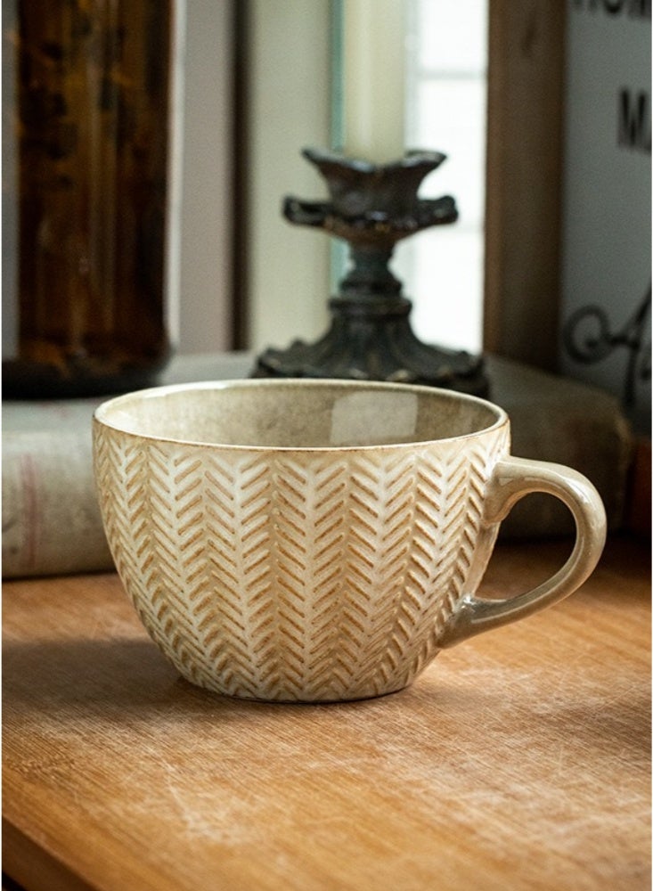400ml Handcrafted Herringbone Embossed Ceramic Mug Rustic Yellow Coffee Cup with Textured Design Dishwasher & Microwave Safe Ideal for Morning Coffee Tea and Modern Farmhouse Kitchen Tableware - Image 3